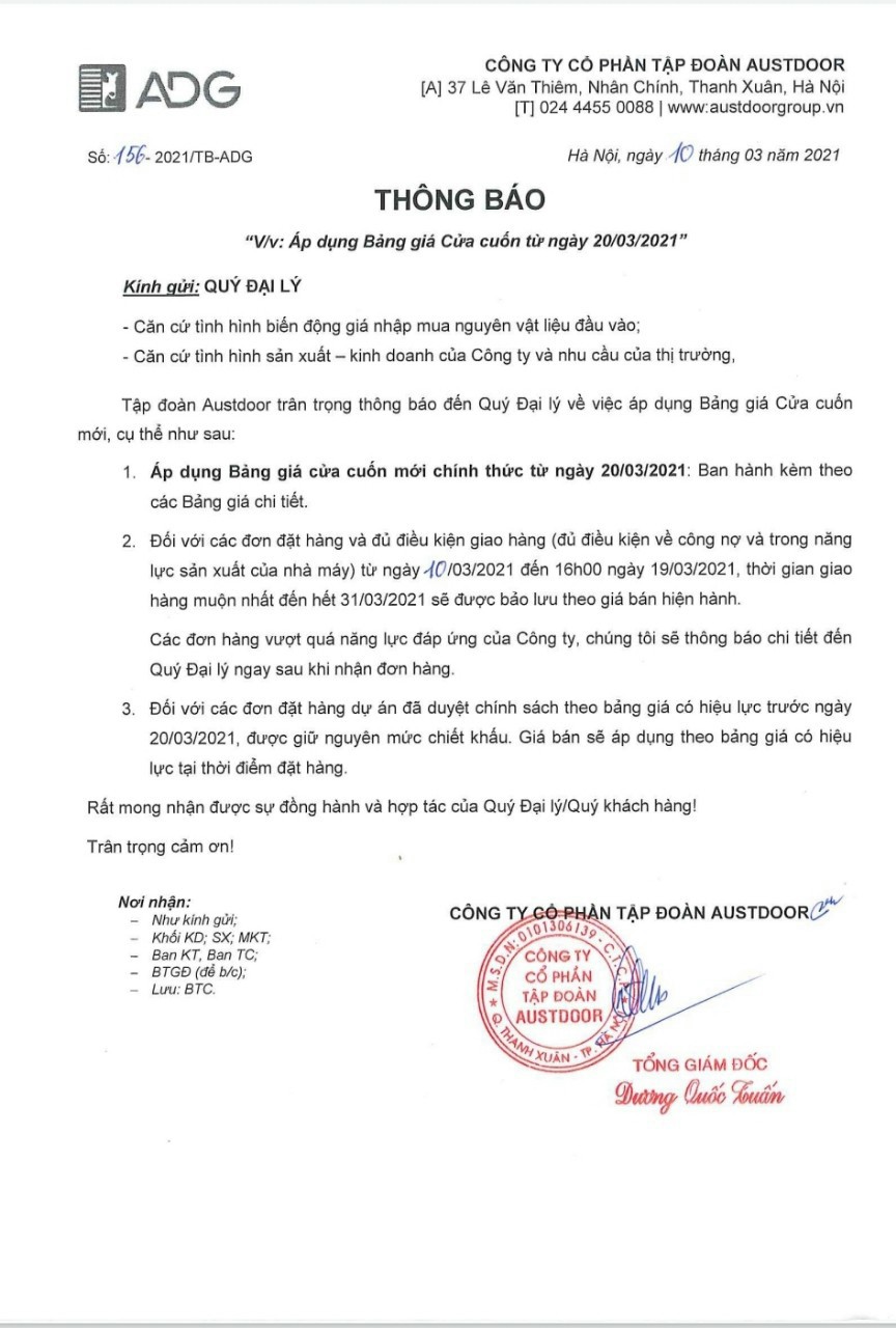 Thông báo thay đổi giá cửa cuốn Austdoor
